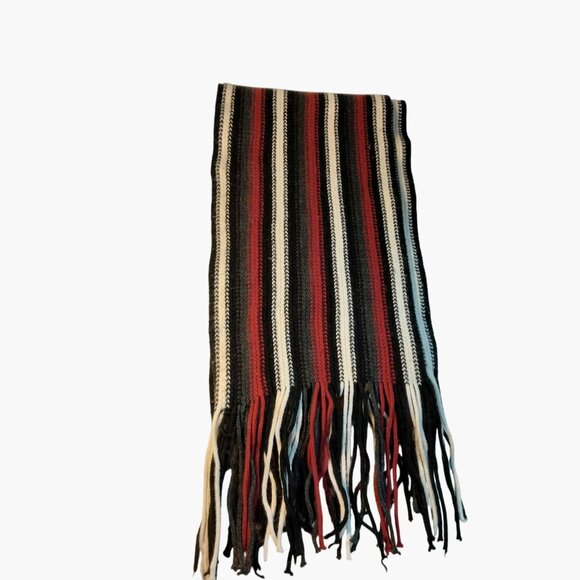 Striped Knit Scarf Fringe Red Black White Handcrafted Unisex Long Warm Winter - Picture 1 of 4